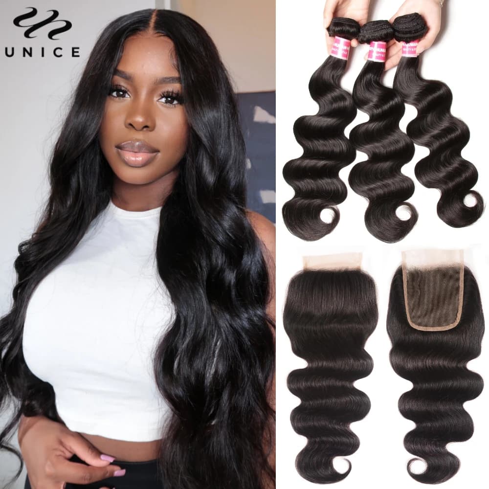 UNice Body Wave Human Hair Bundles With Closure Natural Color 100% Human Hair Bundles 2/3/4PCS With 4x4 / 5x5 HD Lace Closure