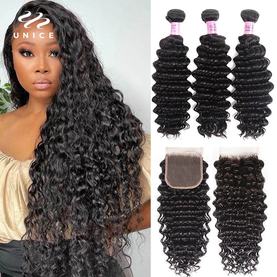 UNice Hair Deep Wave 5x5 HD Lace Closure With 2/3/4PCS Bundles 100% Human Hair Bundles With Closure Deal