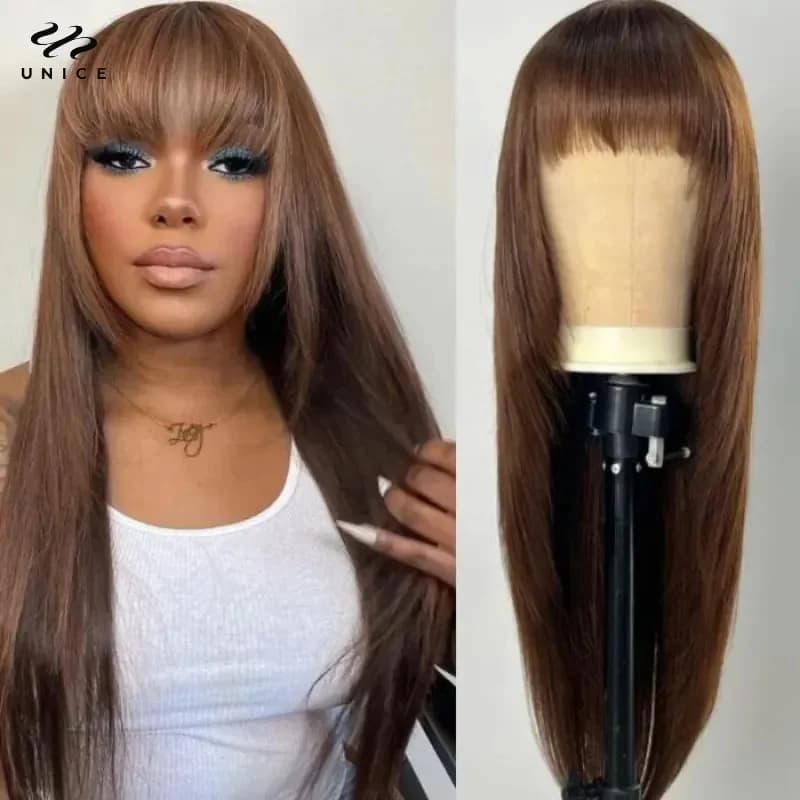 UNice Hair #4 Brown Color Layered Cut Straight Human Hair Wigs With Bangs 100% Human Hair Full Machine Made Glueless Wig