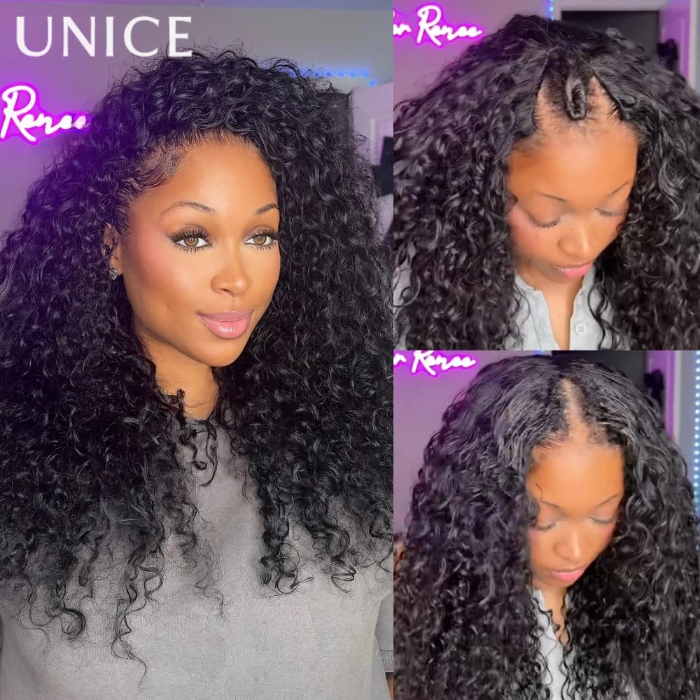 UNice Burmese Curly V Part Wig With Drawstring Seamless Blend Clip In Human Hair Wig 180% Density