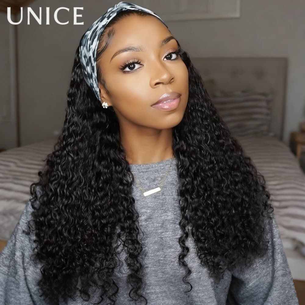 UNice Water Wave Headband Wigs Human Hair With Drawstring & Mesh Lace 180 Density 16-30Inch Beginner Friendly Glueless Wig