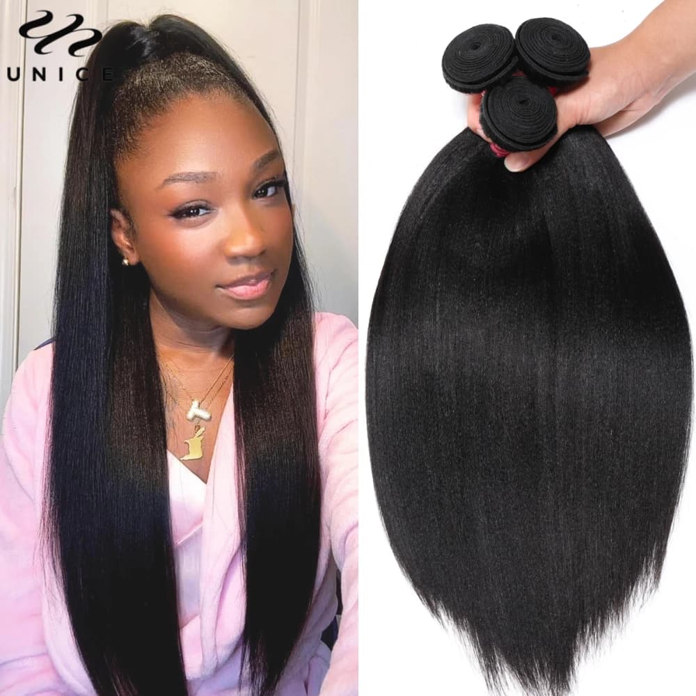 UNice Hair Yaki Straight Hair Bundles 1/3/PCS Deal 100% Human Hair 10A Grade Natural Color Sew In Bundles Quick Weaves