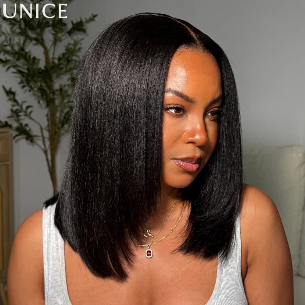 UNice Hair Light Yaki Bob Wig With Drawstring 7x5 Lace Glueless Wigs Human Hair Ready To Wear Go Short Bob Wigs for Women
