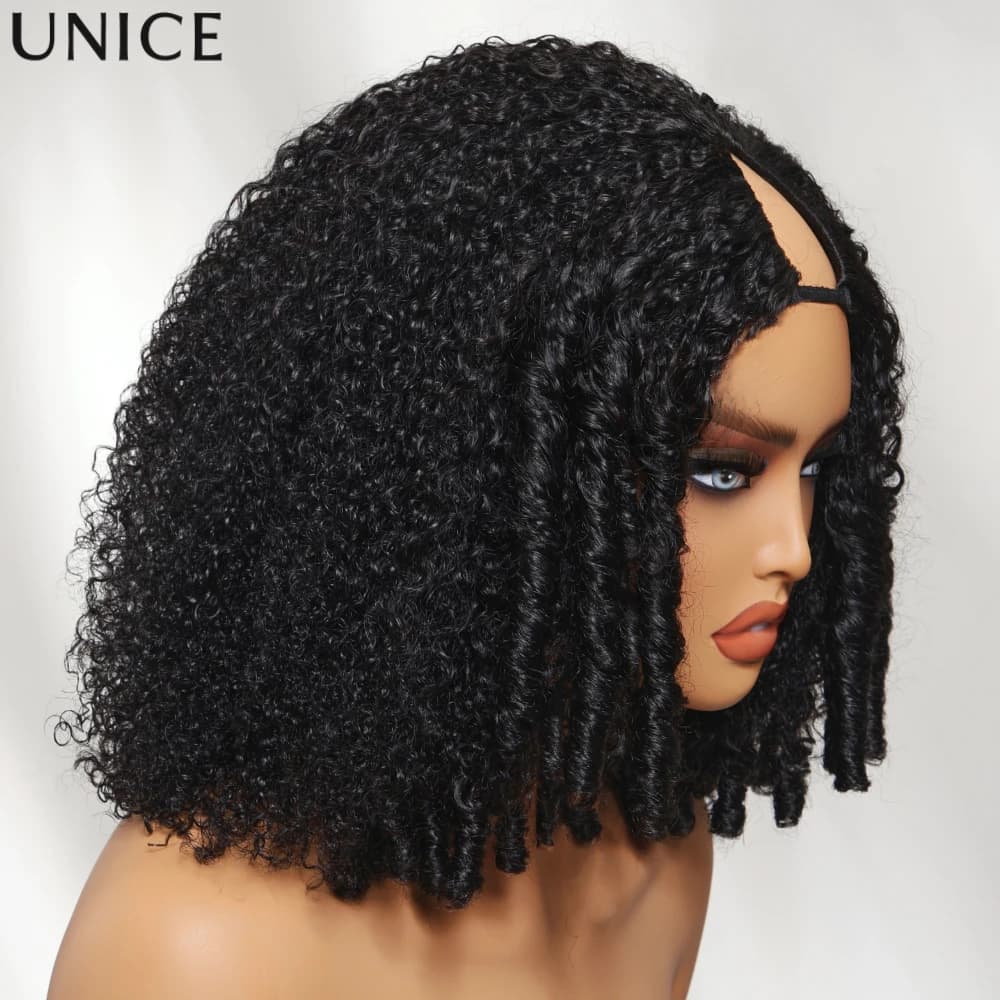 UNice Afro Kinky Curly V Part Wig With Finger Coil Ends & Drawstring 180% Density Minimal Leave Out No Lace 100% Human Hair Wigs