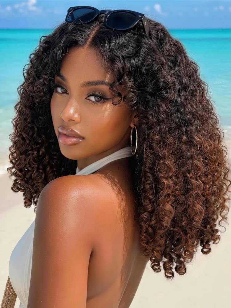 UNice 7x5 Bye-Bye Slip™ Chestnut Brown Ombre Burmese Curly Wig With Finger Coil Ends -Put On & Go Glueless Wig With Drawstring