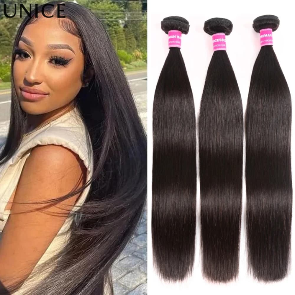 UNice Straight Hair Bundles 100% Human Hair 3  Bundles 8-30 Inches Natural Color Virgin Human Hair Extensions