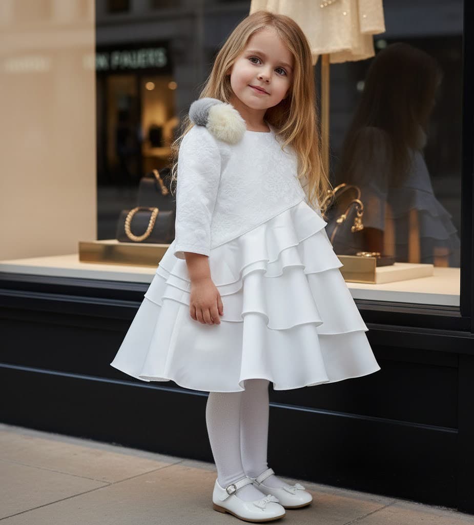 Robe Princesse Blanche Satin Jacquard Multicouche Fête 2-10 Ans