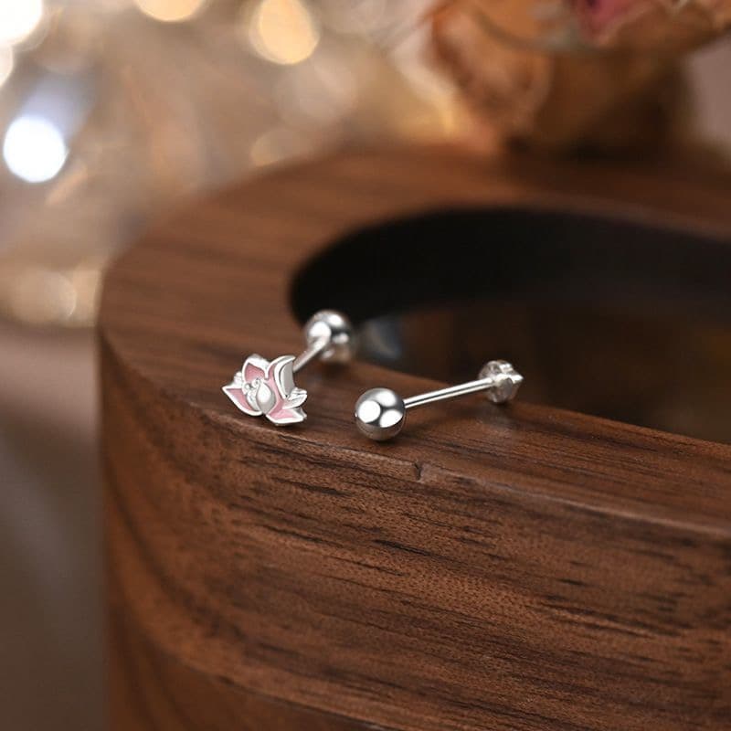 Puces d'oreilles lotus asymétriques à vis, argent 999, émail oriental
