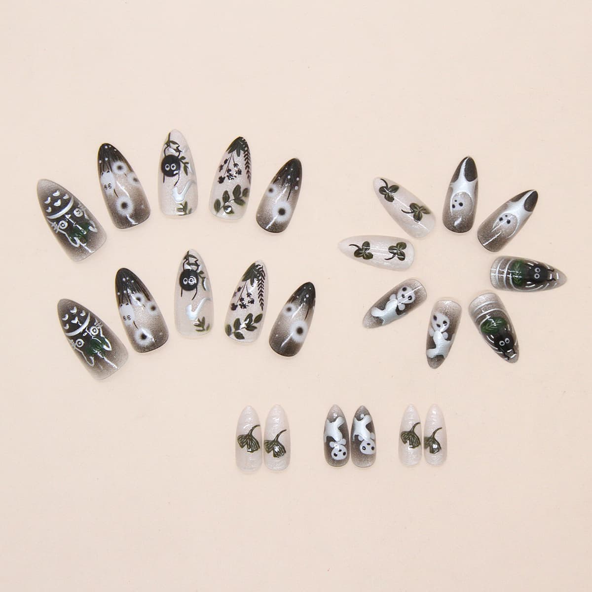 24Pcs Forest Style 3D Embossed Cat Eye Press On Nails, European INS Trendy Reusable Handmade False Nails Removable Wearable Nail Tips