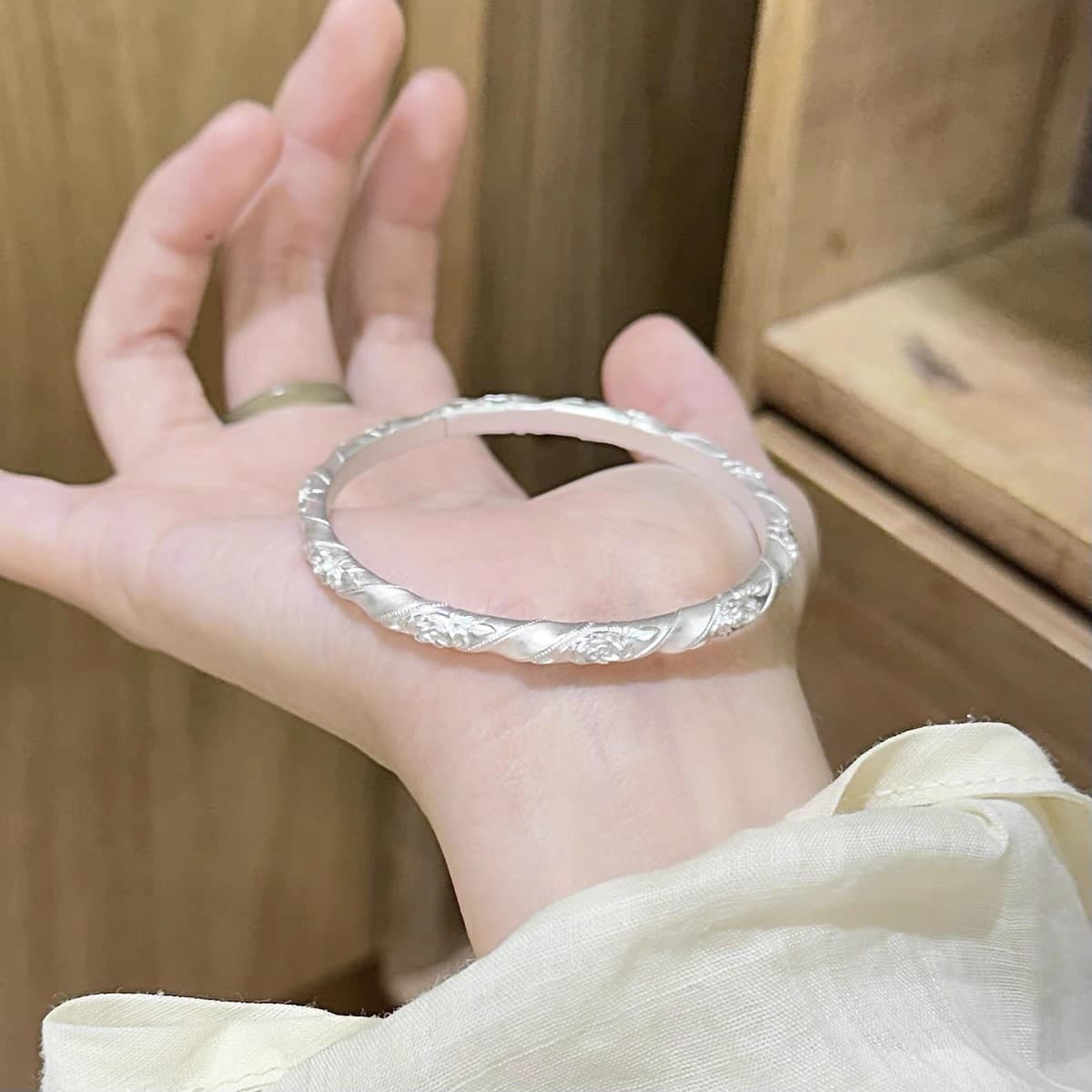 Bracelet Ouvert Argent 925 Rose Torsadé Ciselé, Élégance Vintage