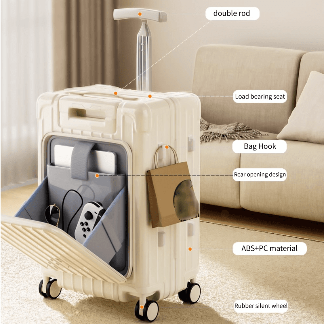 20 Inch Double Pull Rod Design Luggage Case, Can Be Seated, Front Open Lid Luggage Compartment, Silent Universal Wheels, Dry Wet Separation, T-shaped Pull Rod Travel Box