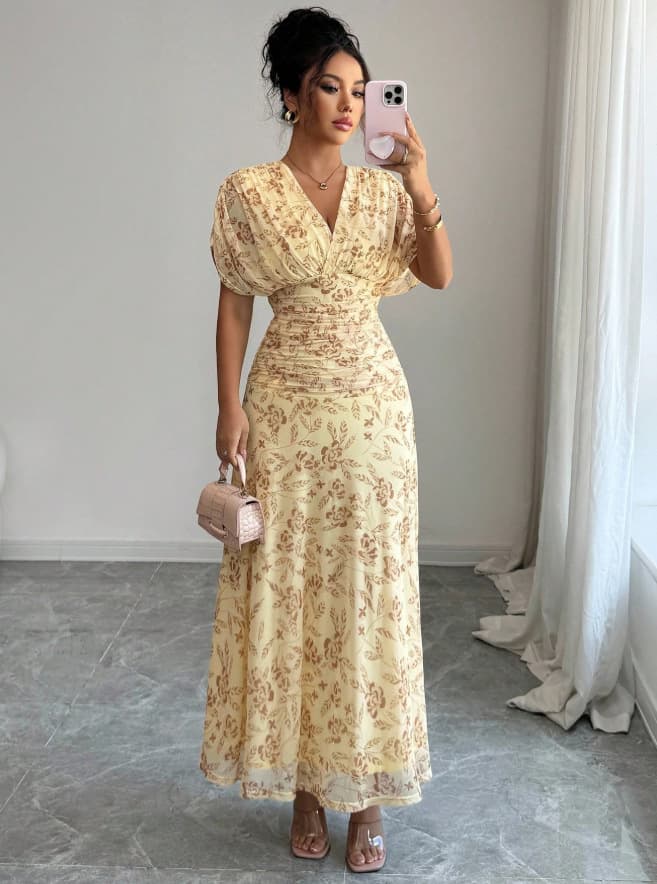 Robe Casual Imprimé Floral à Col V et Manches Bouffantes