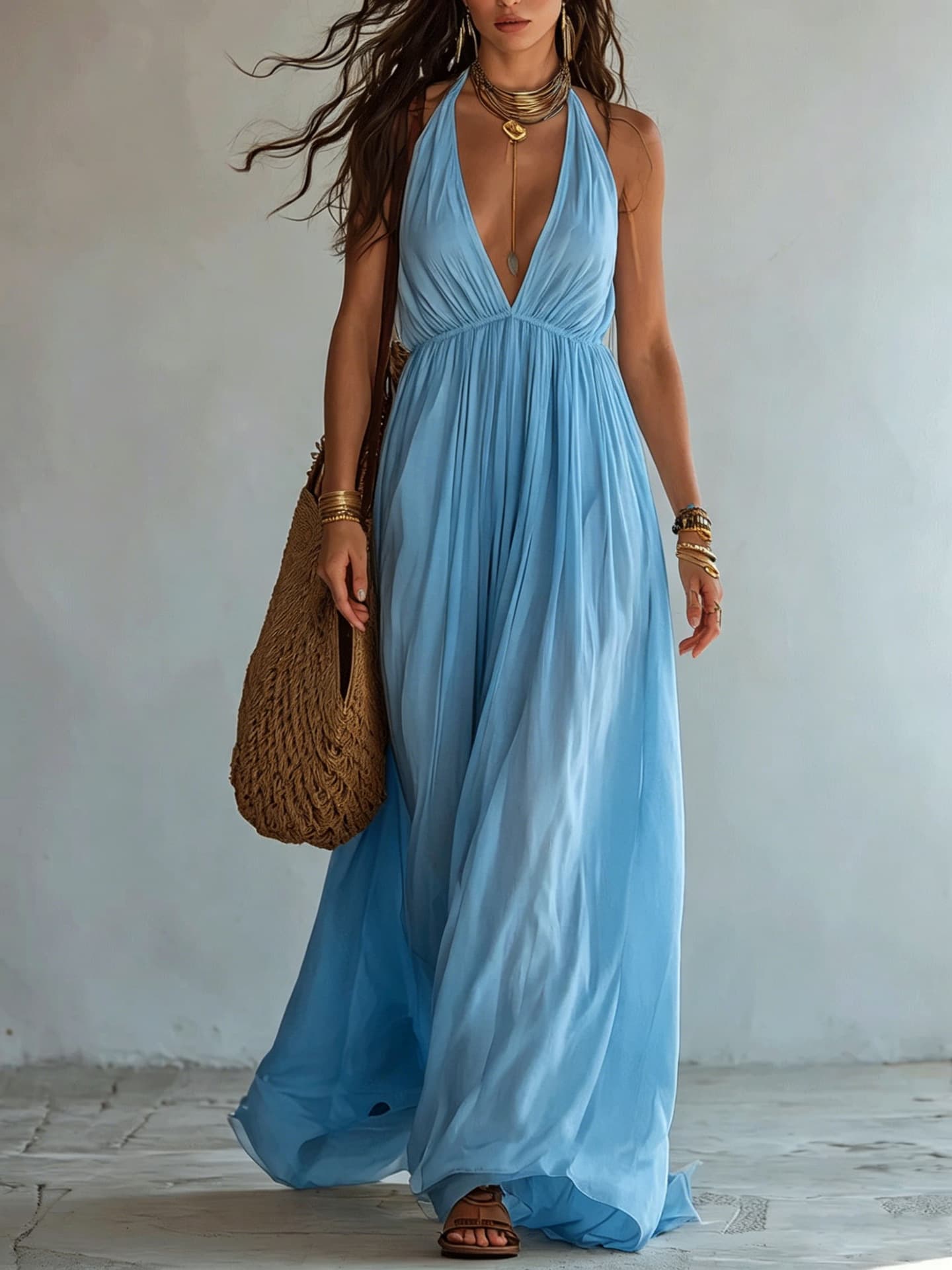 Robe femme à licou, dos nu et col V profond