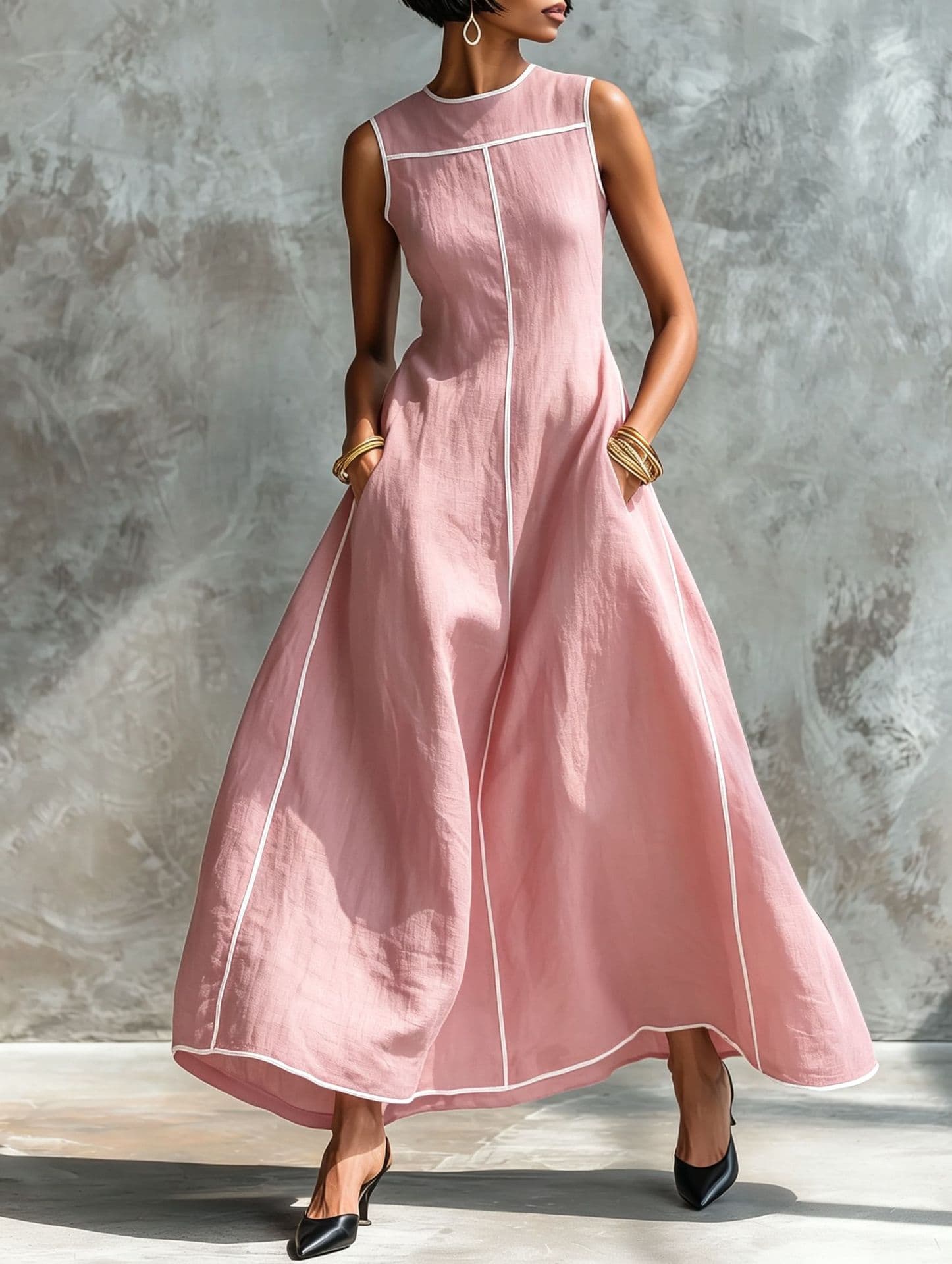 Robe Femme Épurée Sans Manches Col Rond Tissu Mélangé