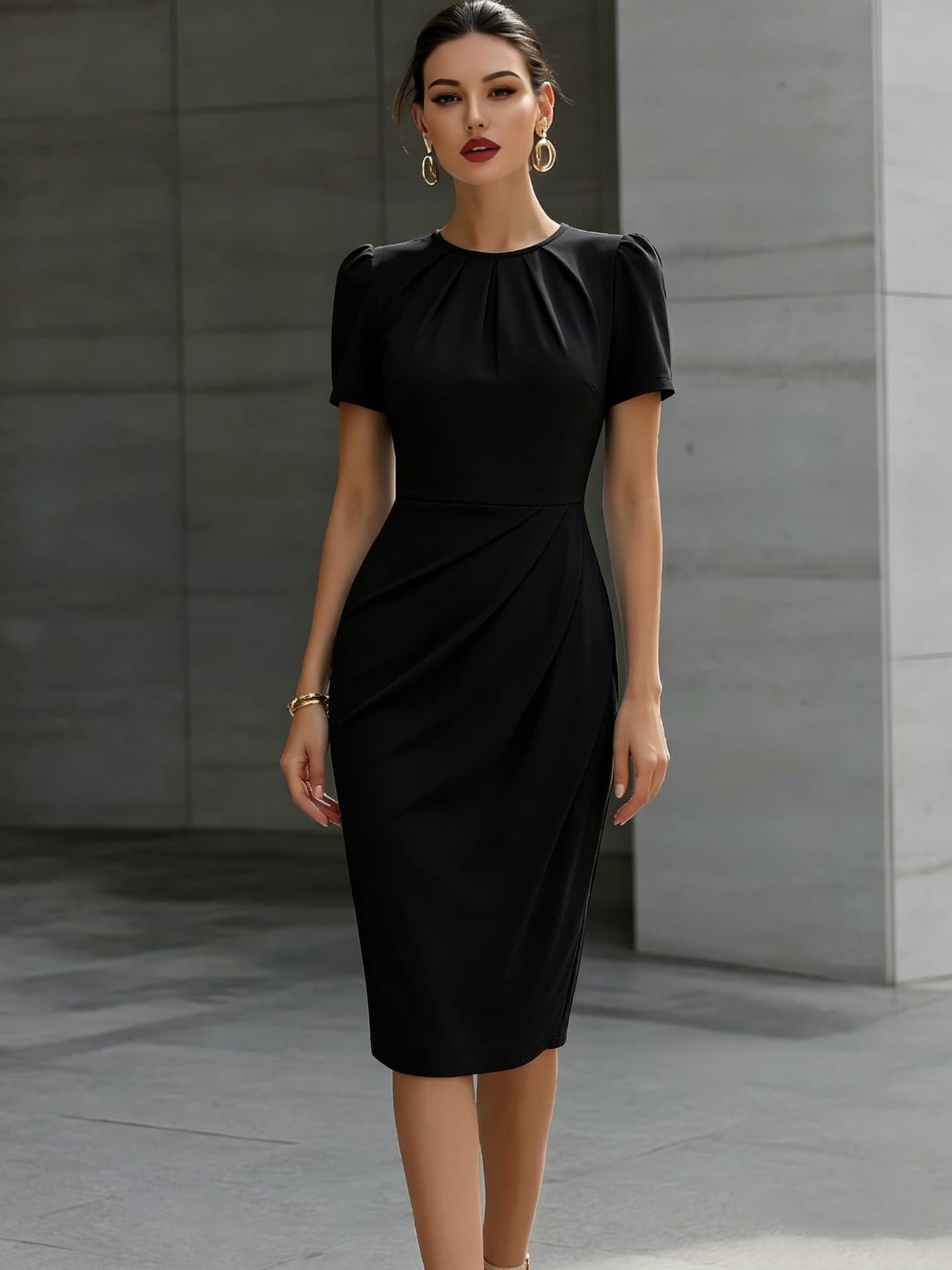 Robe col rond plissée à taille cintrée