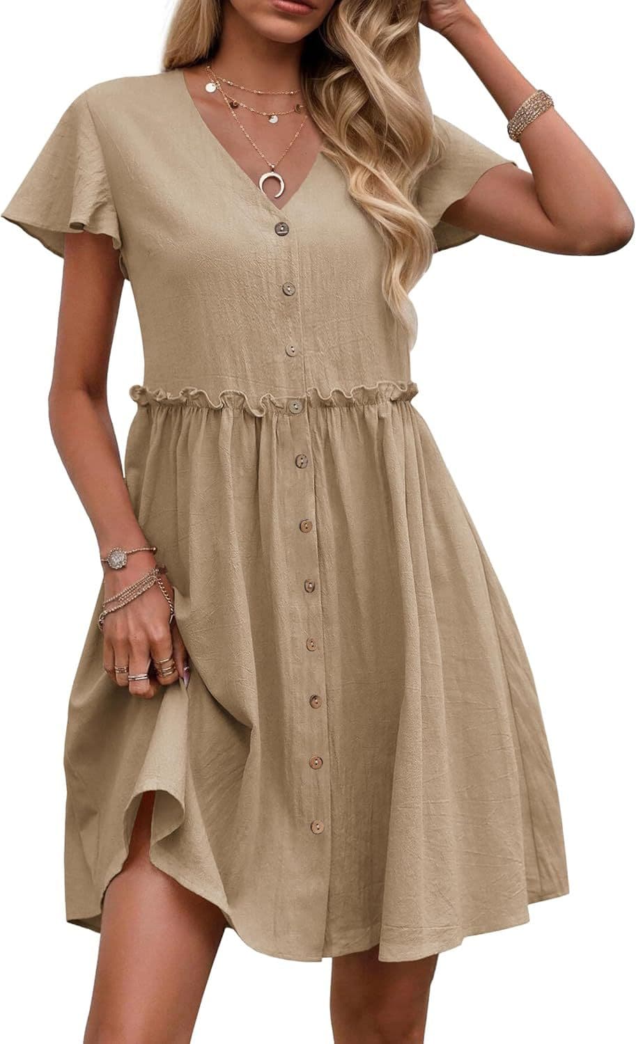 Robe de vacances bohème, col V, manches courtes à volants