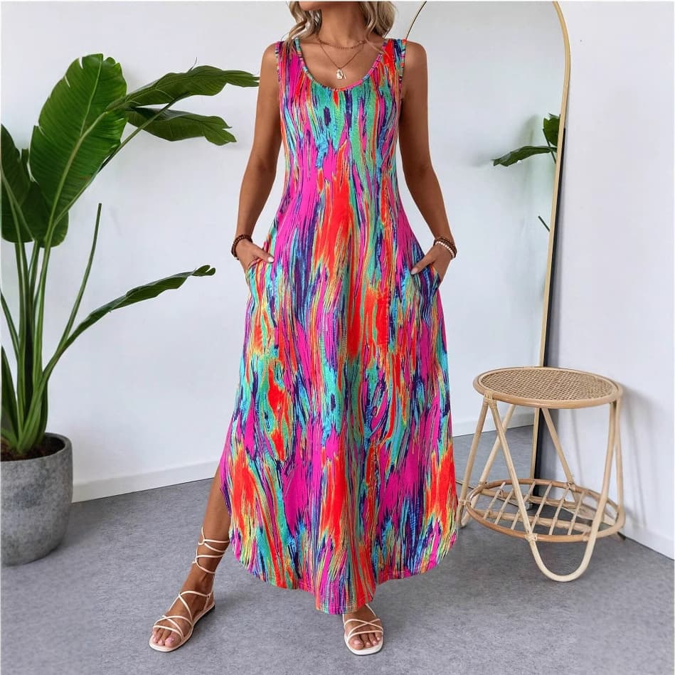 Robe femme tendance imprimée sans manches à fente sculptante