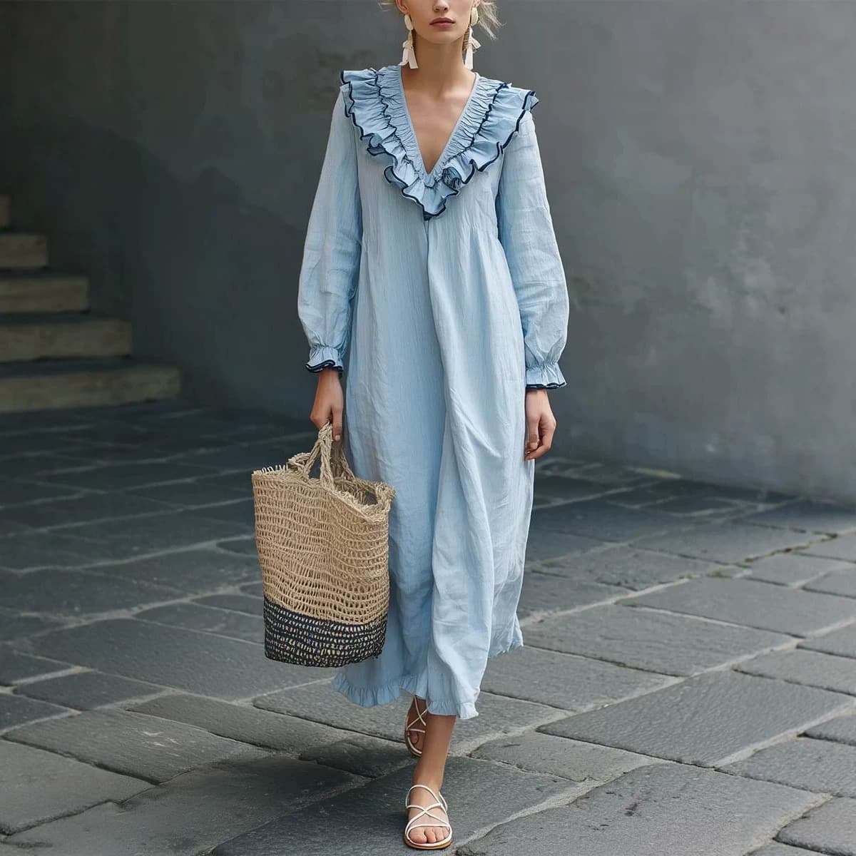 Robe vacances fluide col V à volants
