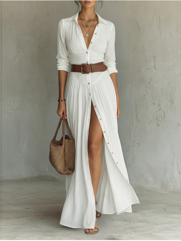 Robe longue fendue col V, décontractée et polyvalente
