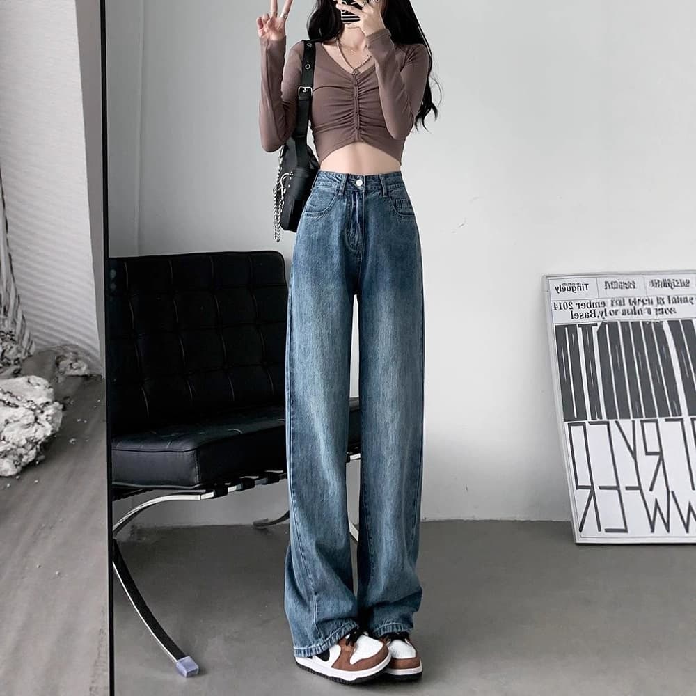 Jean Femme Bleu Rétro Taille Haute Coupe Droite Loose