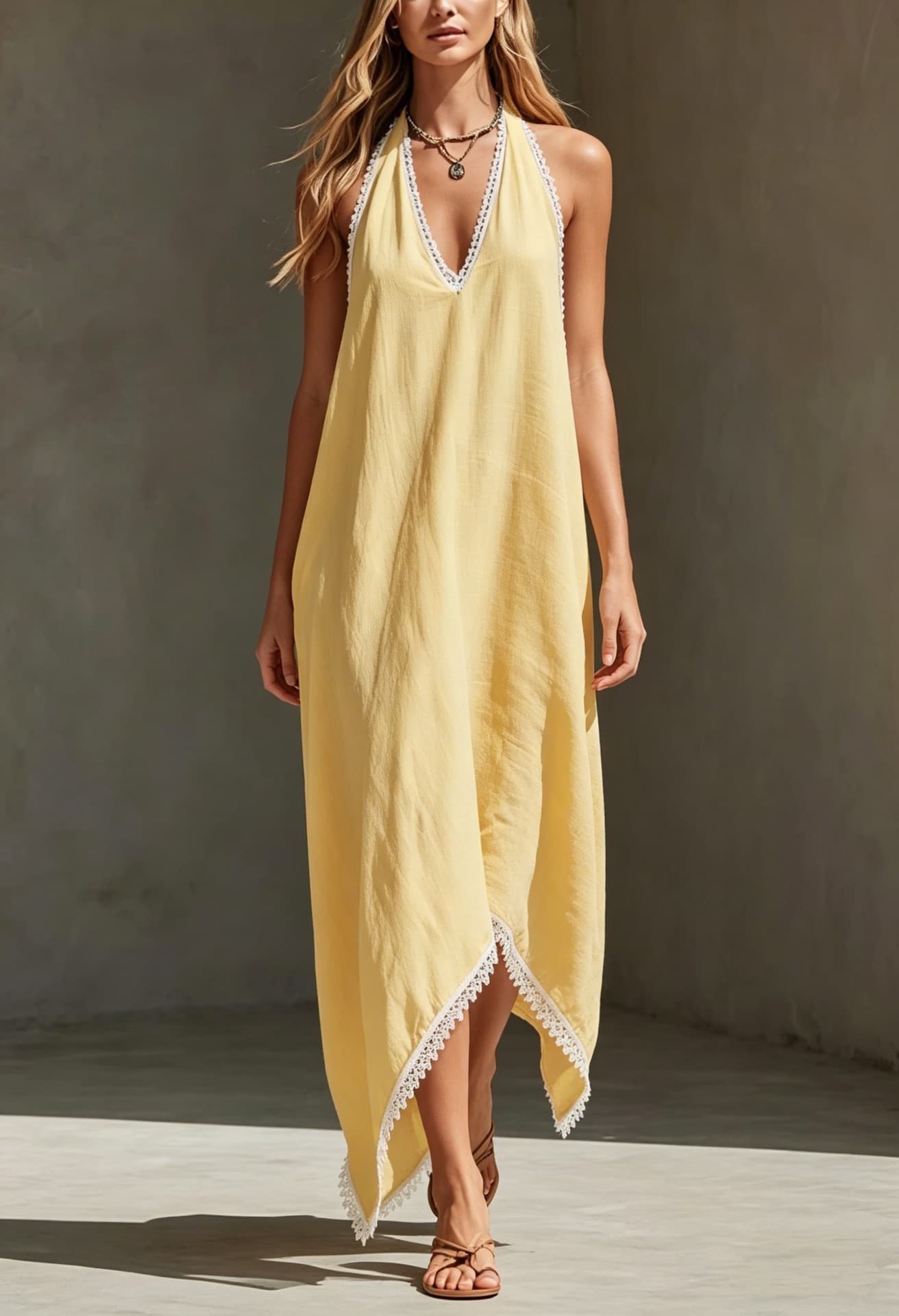 Robe col V panachée bordée de dentelle