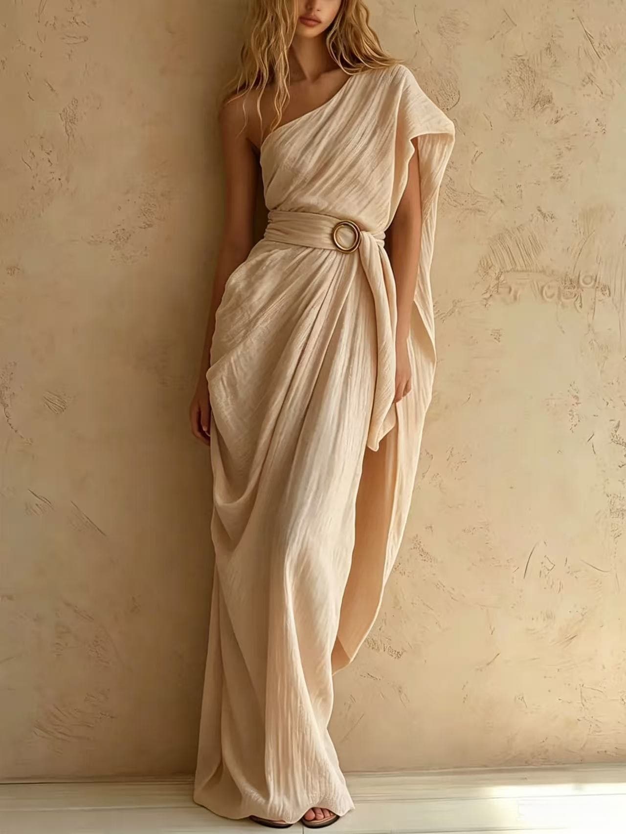 Robe Classique Coton-Lin, Une Épaule et Bas Asymétrique
