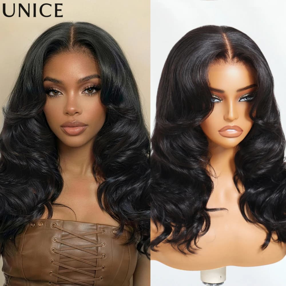 UNice Butterfly Cut 180% Density 7x5 Lace Body Wave Human Hair Wig With Feathered Layers Pre Cut Pre Bleached Glueless Wig