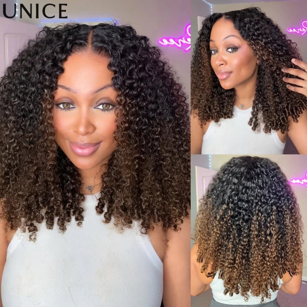 UNice Chestnut Brown Ombre Burmese Curly Wig With Finger Coil Ends No-Slip 7x5 Lace Glueless Human Hair Wigs Ready To Wear Go