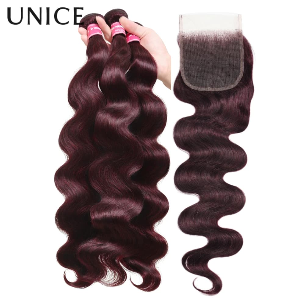 UNICE Hair Black Cherry Body Wave Human Hair 2/3/4 Bundles With 4x4 Lace Closure