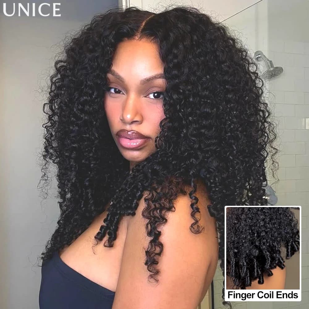 UNice Hair 7x5 & 13x4 Lace Curly Wig With Finger Coil Ends Pre Cut Pre Bleached Glueless Wig Human Hair Ready To Wear