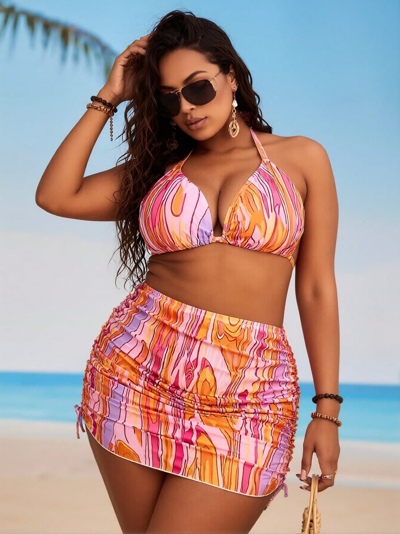Bikini Licou Dégradé Rose-Orange & Pareo à Nouer 3 Pièces
