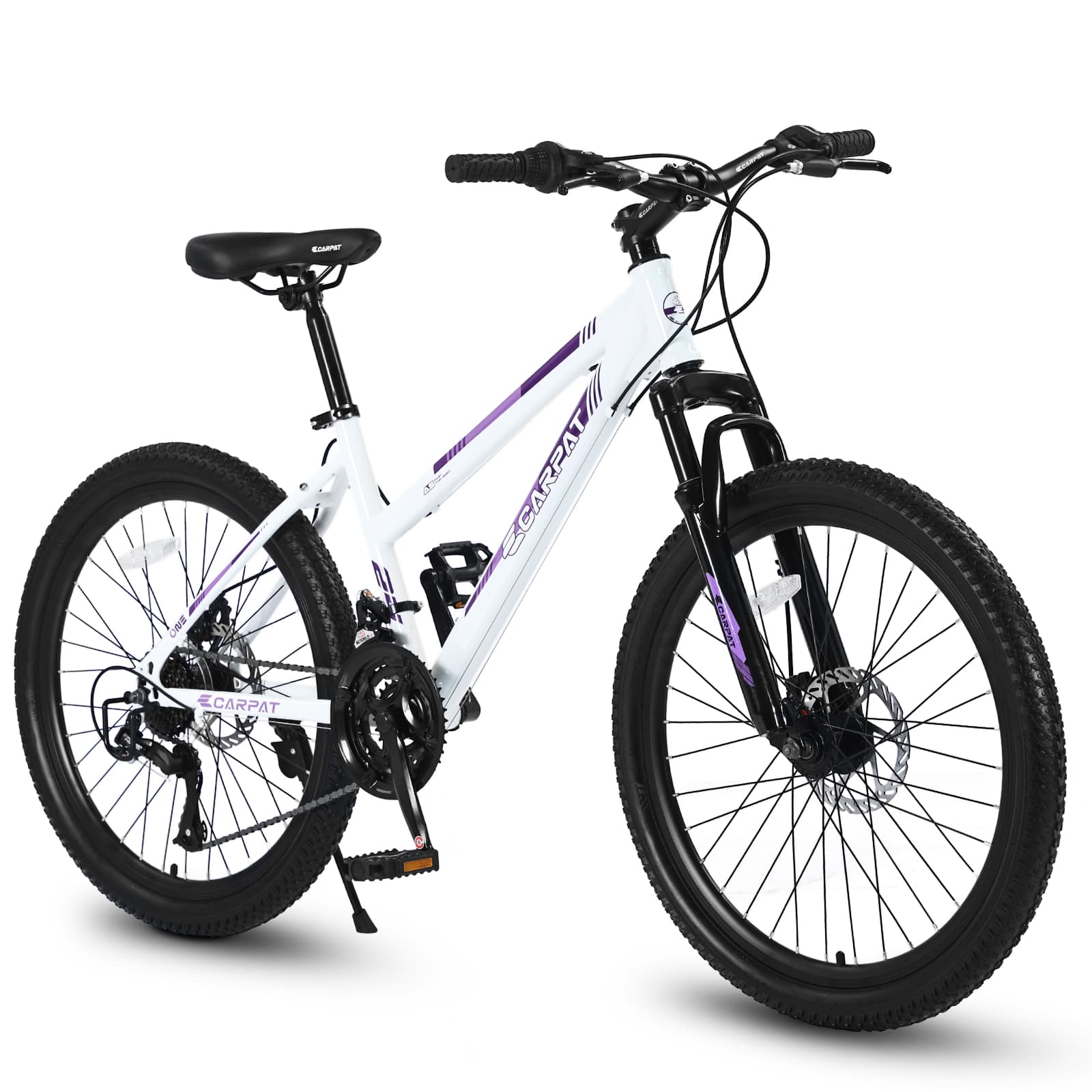 VTT 24" Ado & Femme, Shimano 21V, Double Disque, Susp 100mm, Rose & Blanc