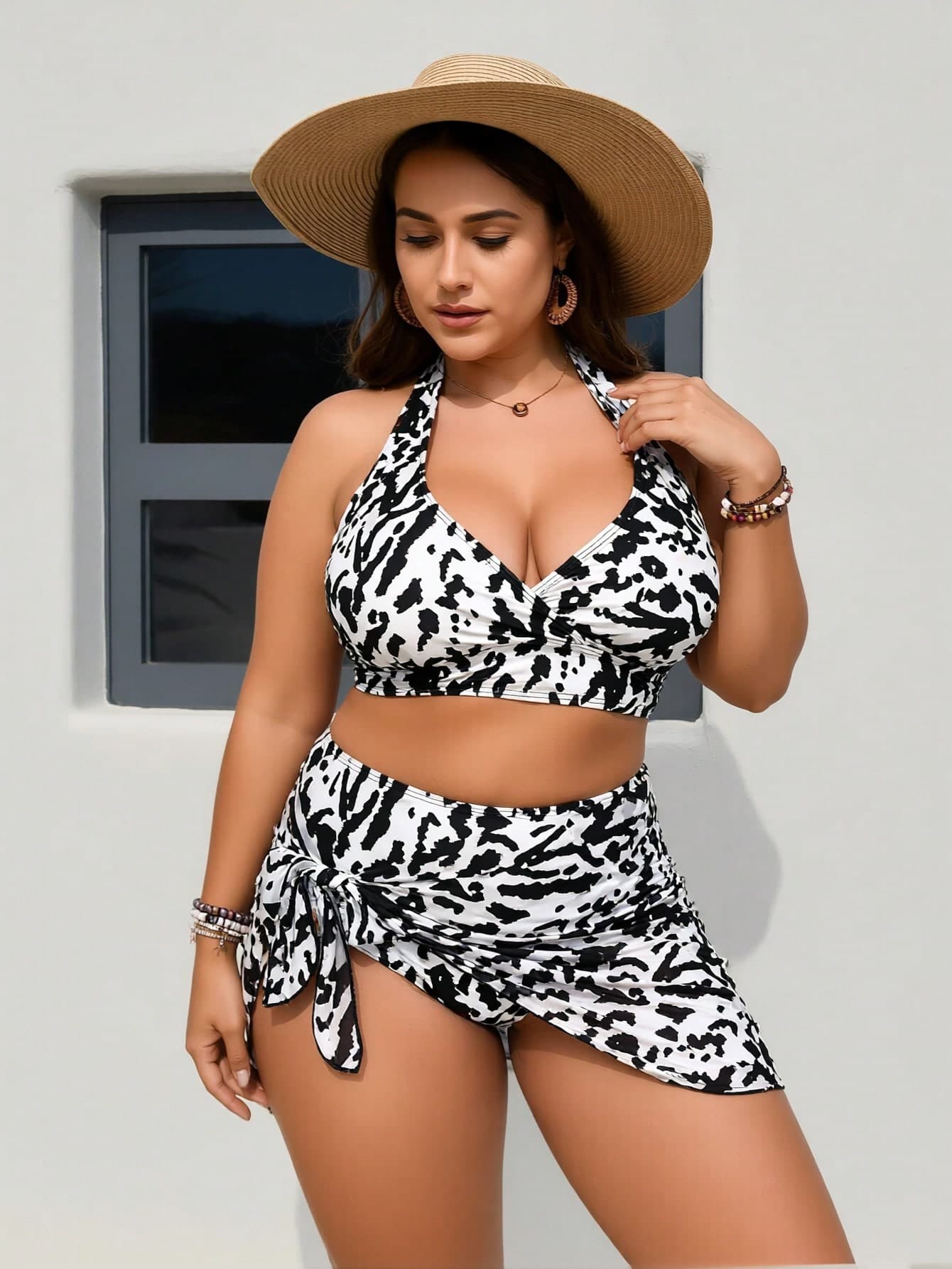 Bikini Zèbre 3 Pièces à Licou & Paréo à Nouer - Grande Taille Effet Sculptant
