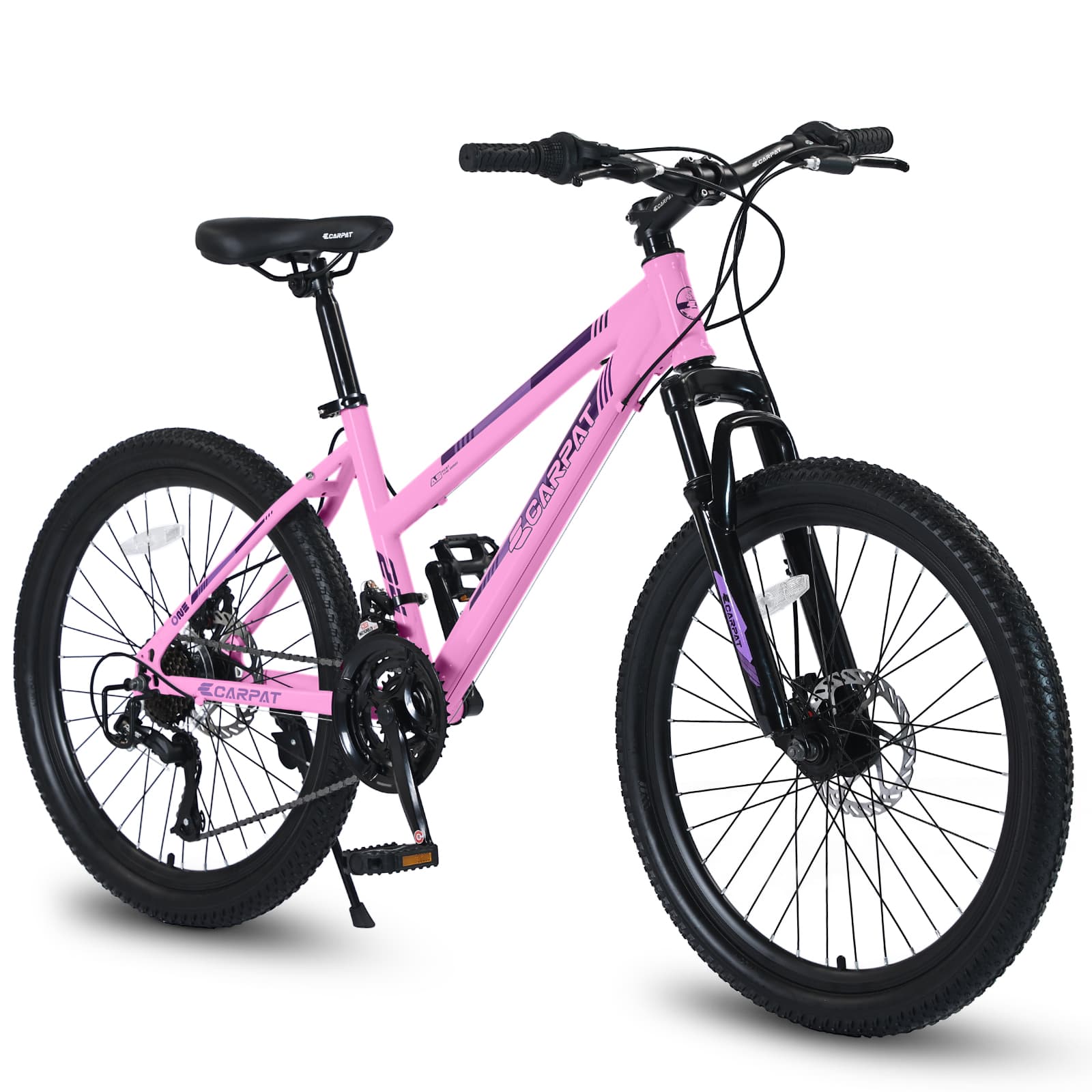 VTT 24" Femme & Ado Rose/Blanc, Shimano 21V, Double Disque, Susp Avant 100mm