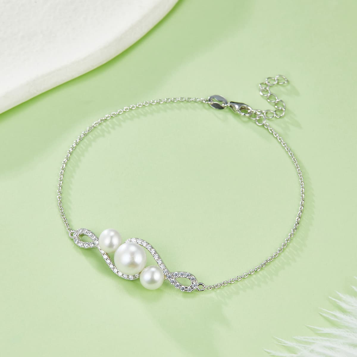 Bracelet Infini Pavé, Perles d'Eau Douce, Argent 925 Plaqué Platine