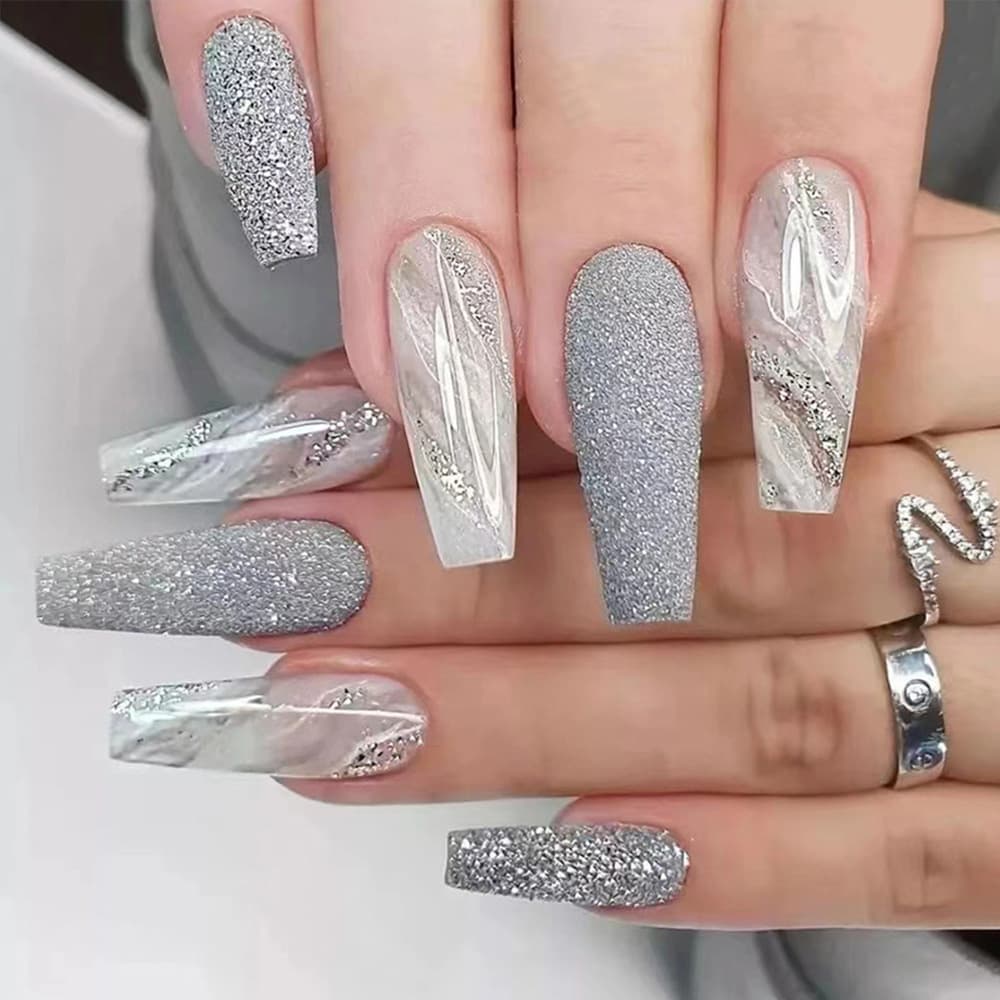 24-piece Long Coffin-shaped Gradient 3D Luxurious Marble-patterned Sequin Nail Art Set.Suitable For Parties,dances Or Daily Wear.Long Press The Nail.
