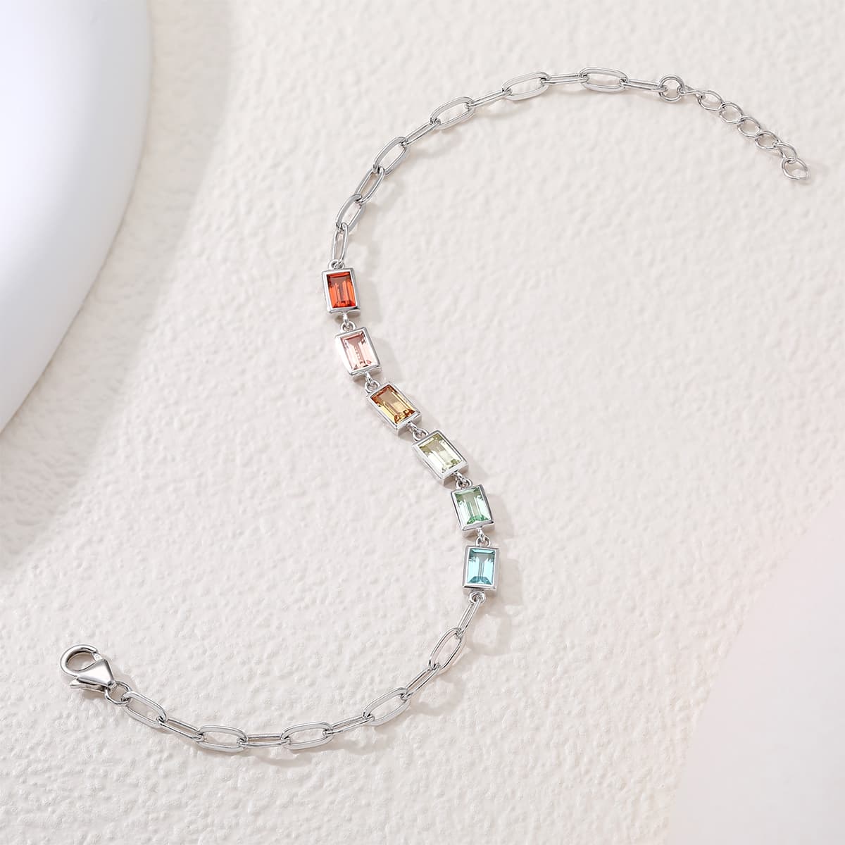 Bracelet Argent 925 Plaqué Platine, Chaîne Trombone Arc-en-ciel 16cm Coffret