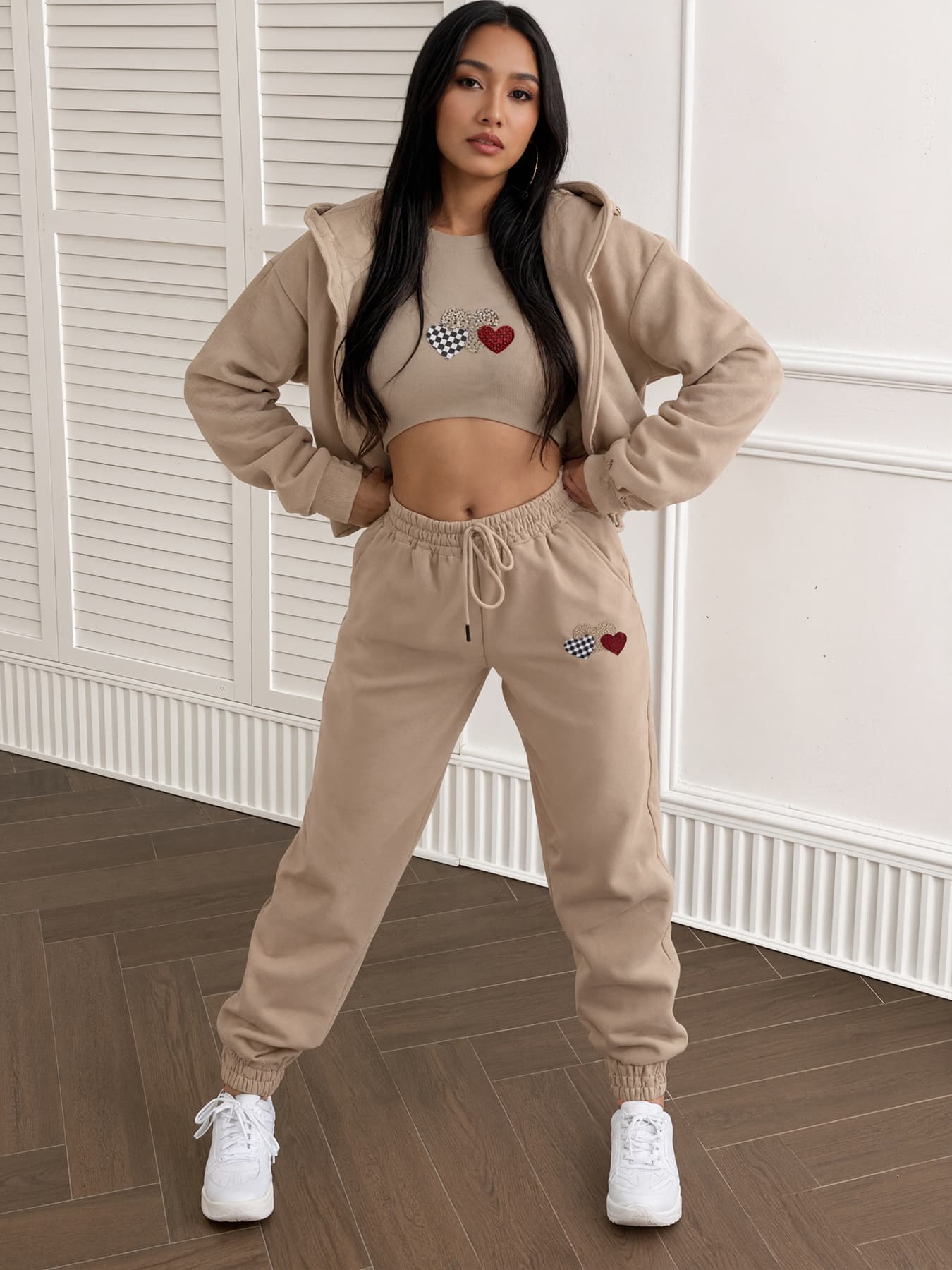 Nouvel Ensemble Polaire Femme 3 Pièces Motif Cœur - Hiver