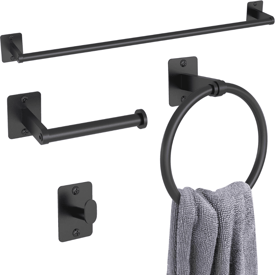 Black Bathroom Accessories Set 4-Piece Bathroom Hardware Set 24 Inch Towel Bar Robe Hooks Toilet Paper Holder