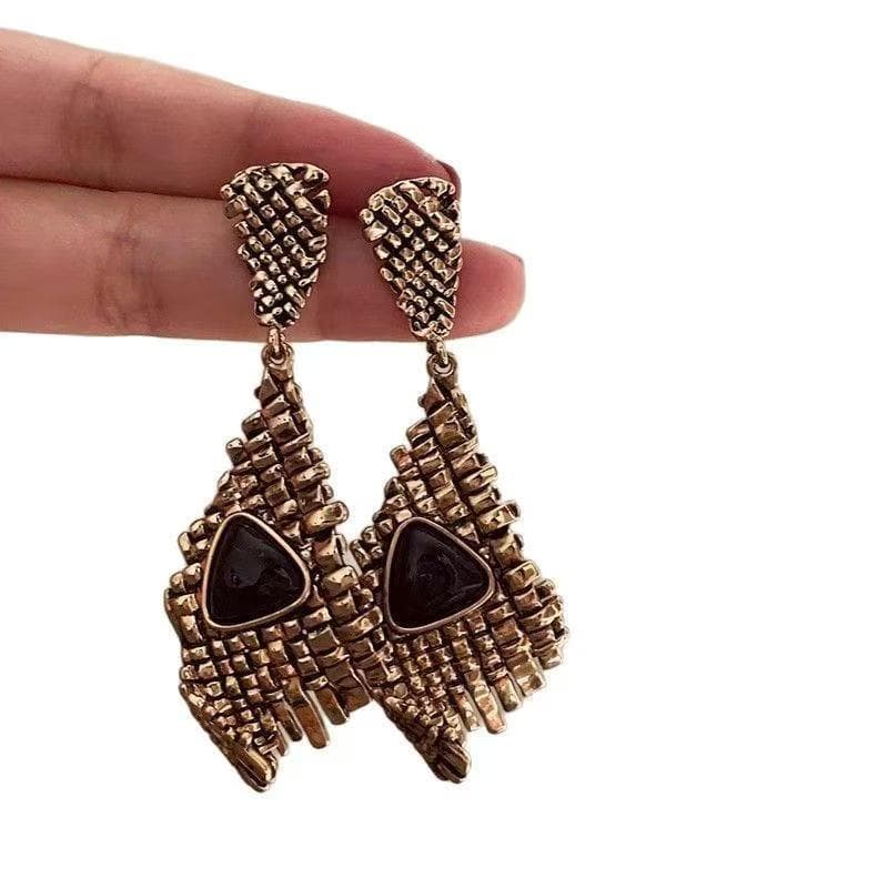Boucles Rétro en Métal Tissé, Bijou Baroque Géométrique Patiné
