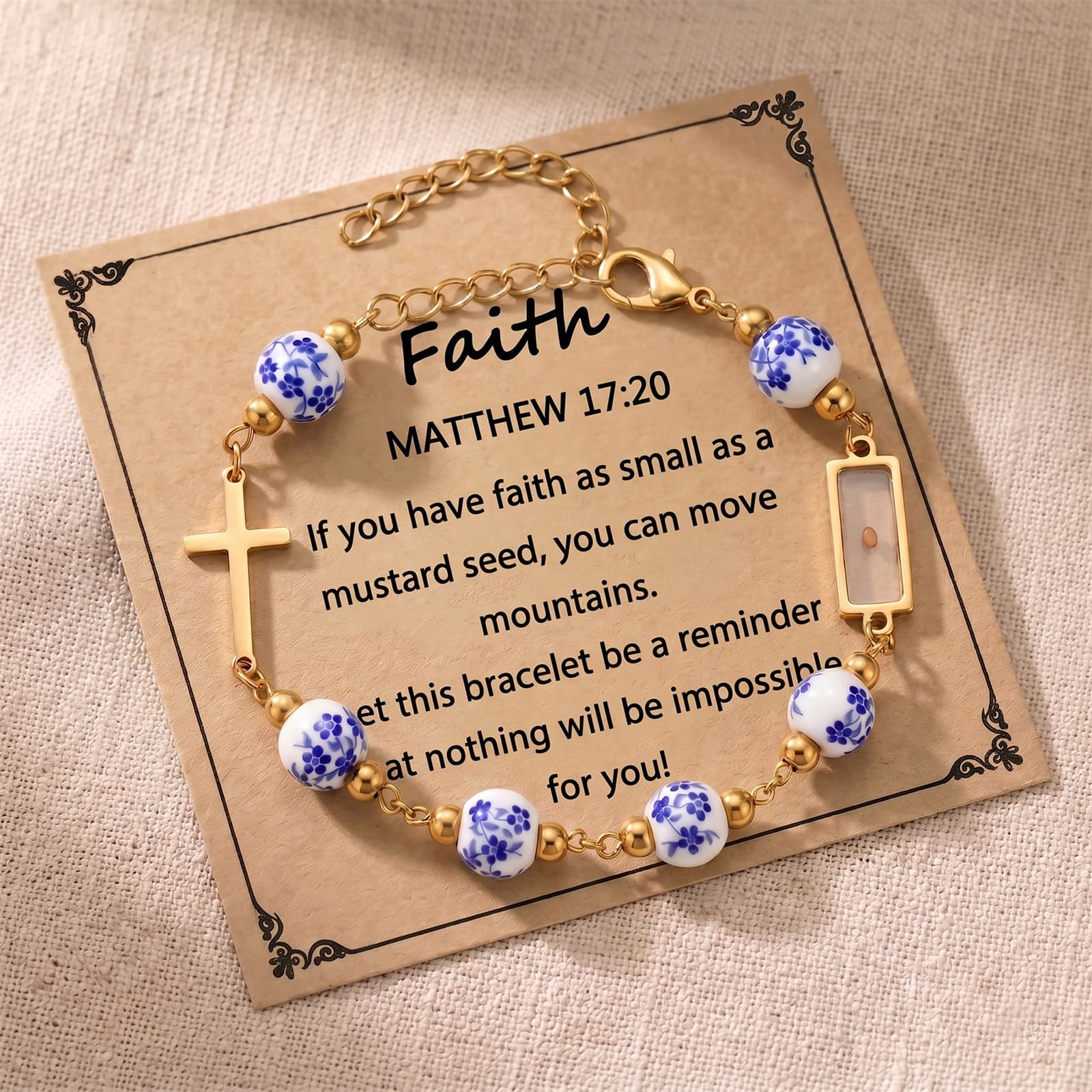 Bracelet Croix Plaqué Or 18K - Vraie Graine de Moutarde, Perles Céramique Fleur