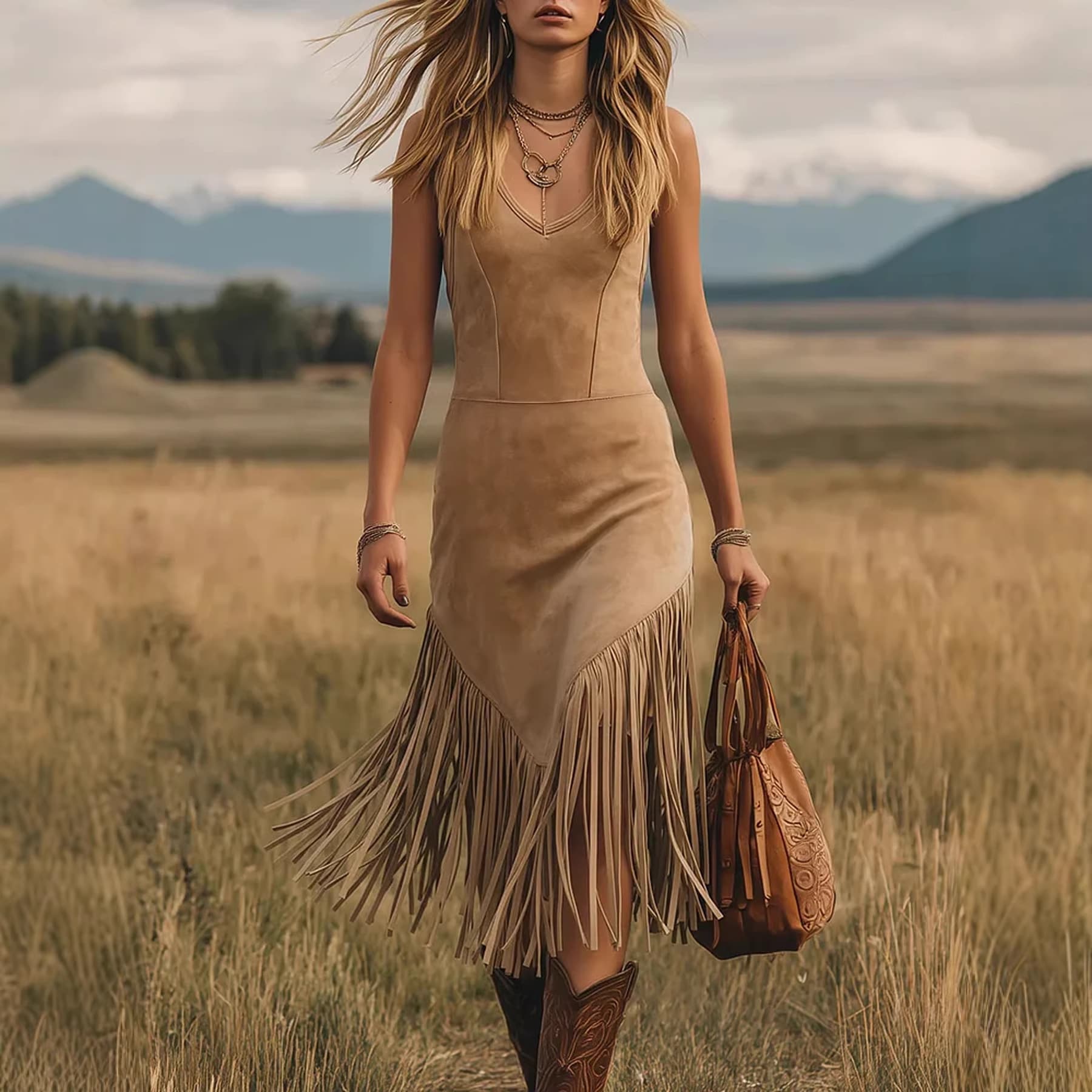 Robe en daim Western à franges