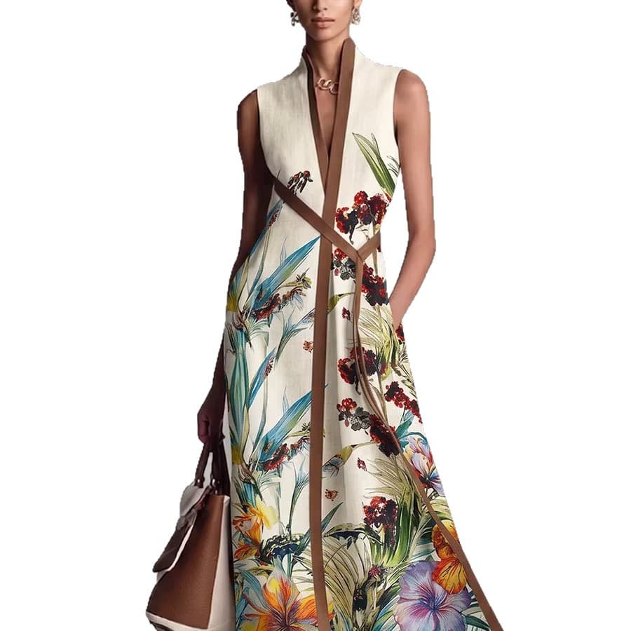 Robe longue sans manches à col V, patchwork imprimé