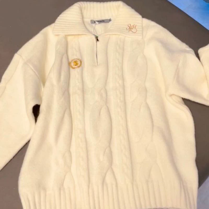 Pull Femme Col Polo Blanc Automne-Hiver