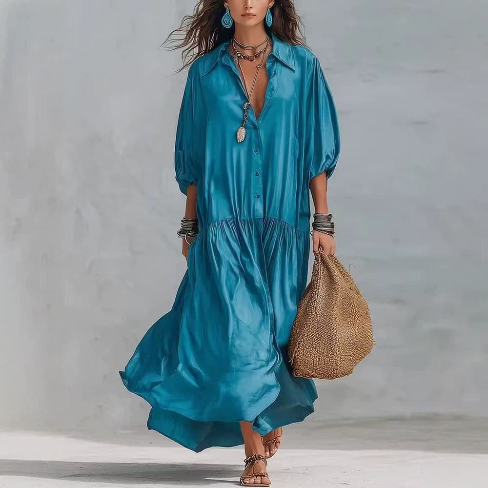 Robe longue rétro à manches trois-quarts, chic et casual