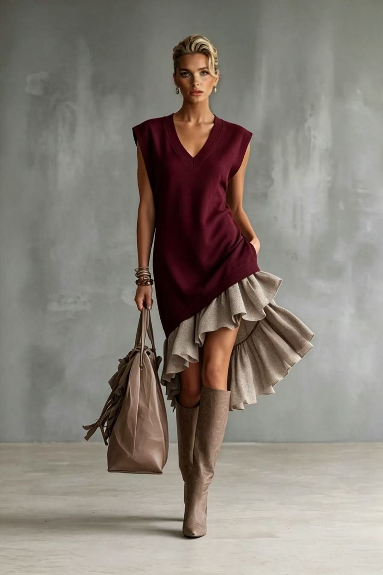 Jupe midi uni à volants - Look occidental décontracté
