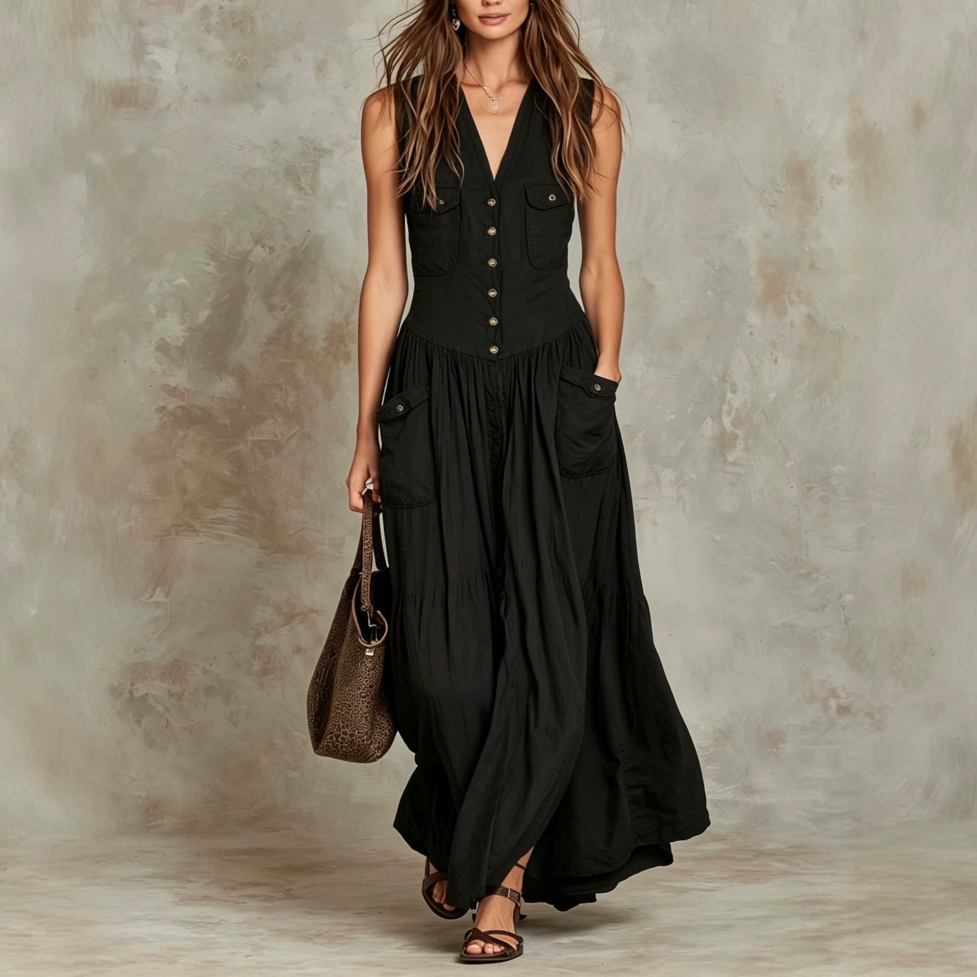 Robe casual ample sans manches, col V vintage boutonnée