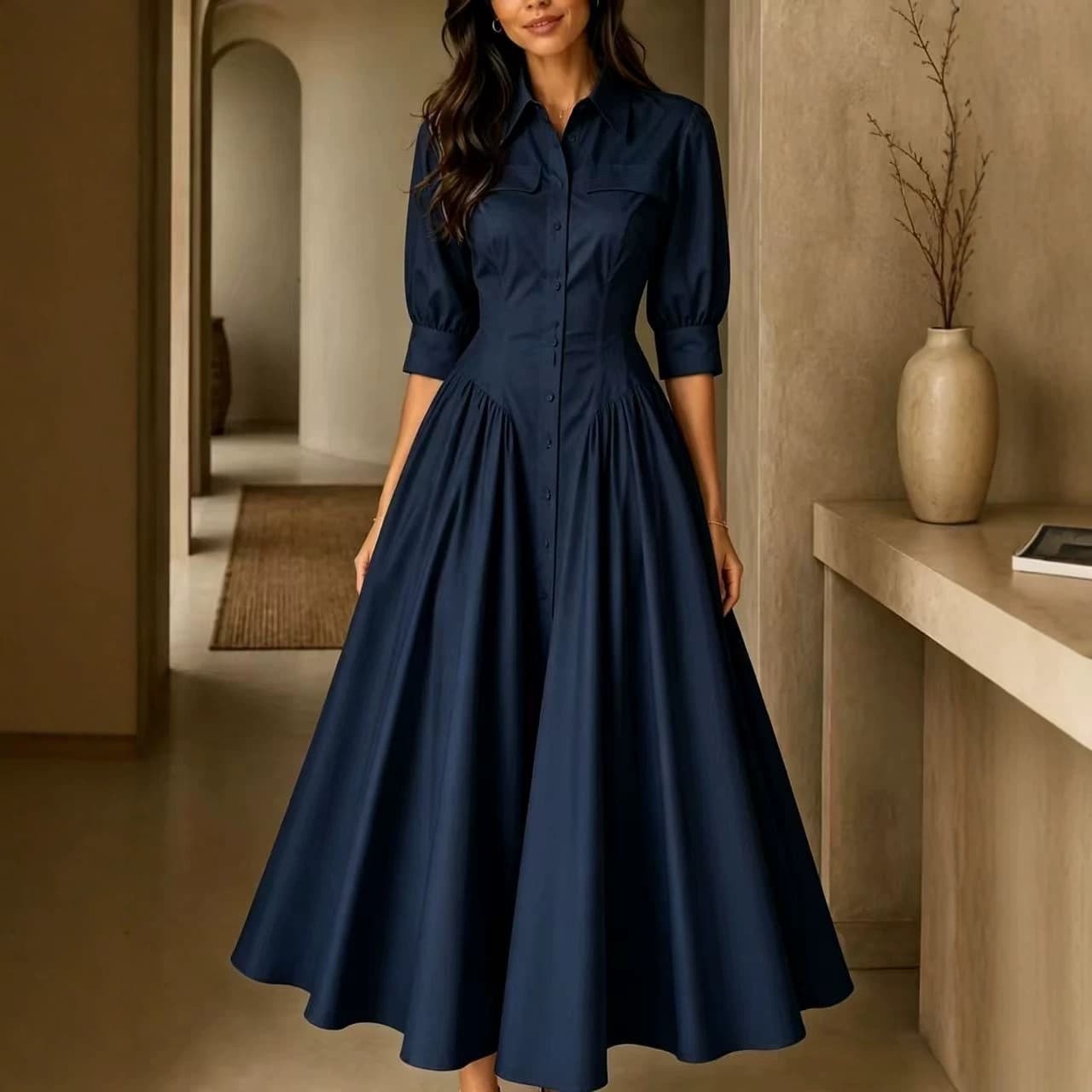 Robe uni en coton-lin, taille haute à simple boutonnage