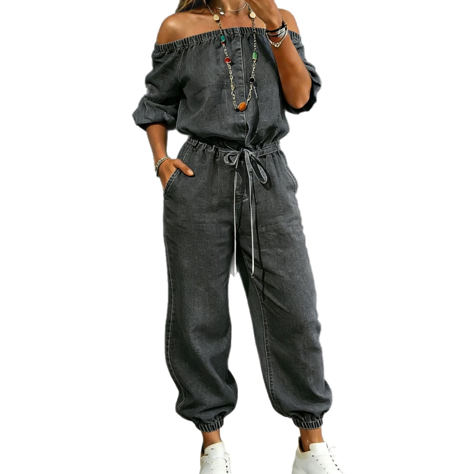 Combinaison denim femme bardot, pantalon noué aux chevilles