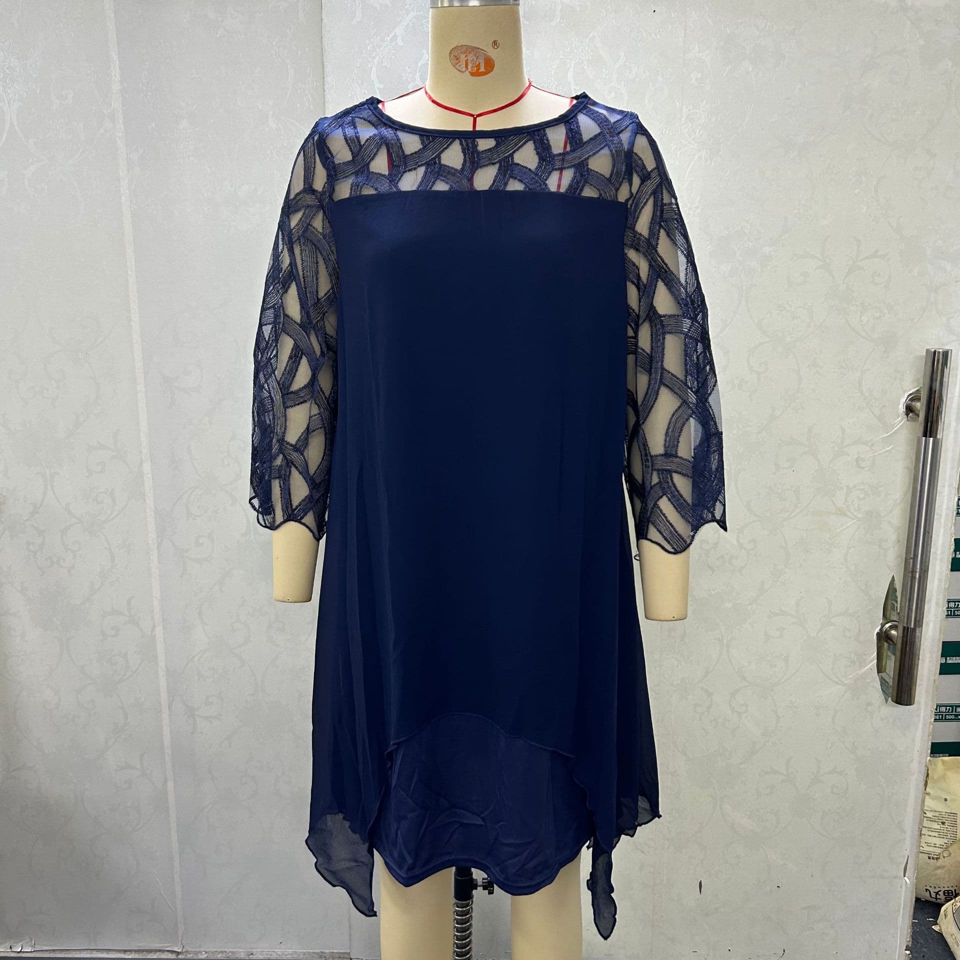 Lace-panelled Three-quarter-sleeve Chiffon Dress With An Asymmetrical Hem In Stock